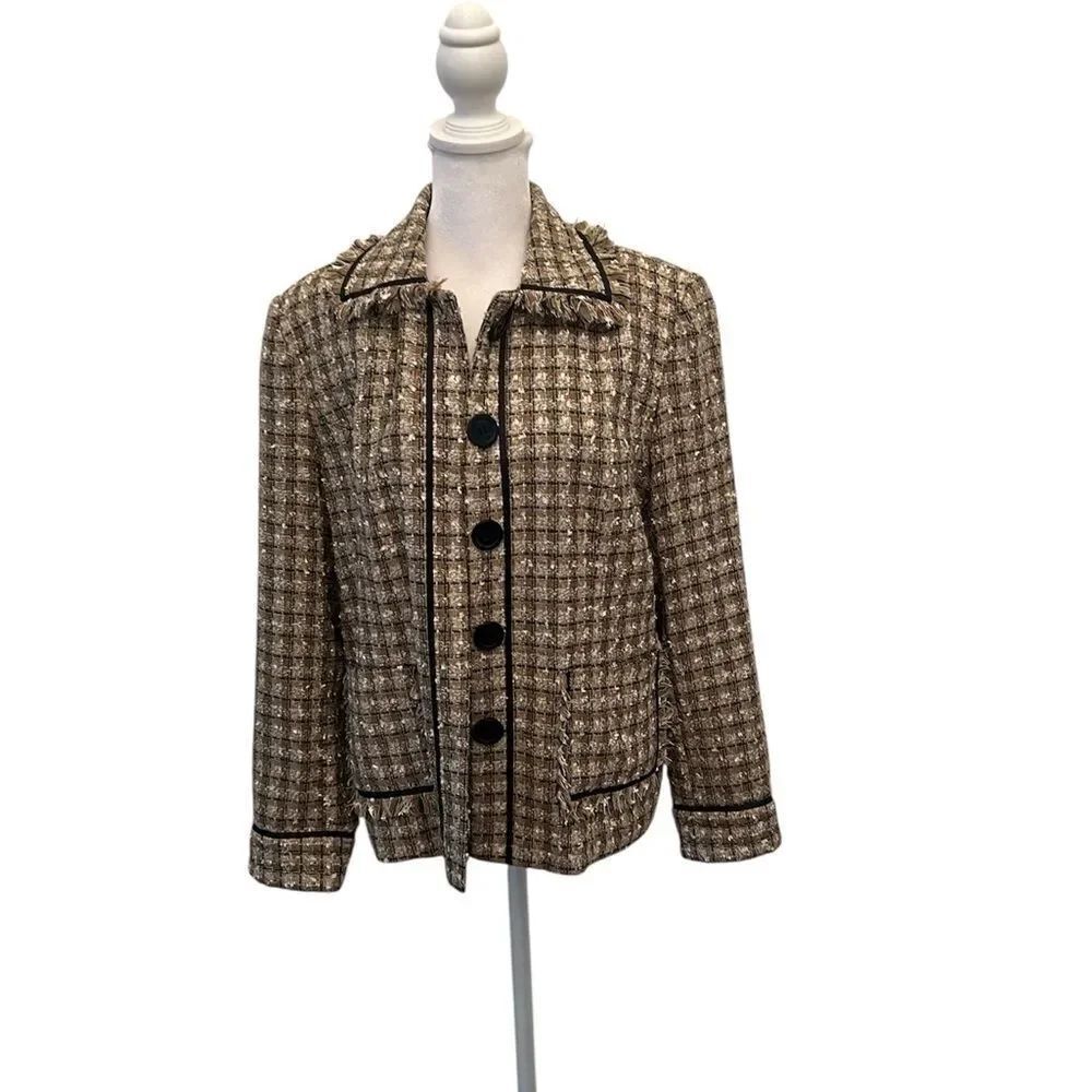 Draper's & Damon's sz10 brown tan cream tweed  blazer jacket with black trim EUC